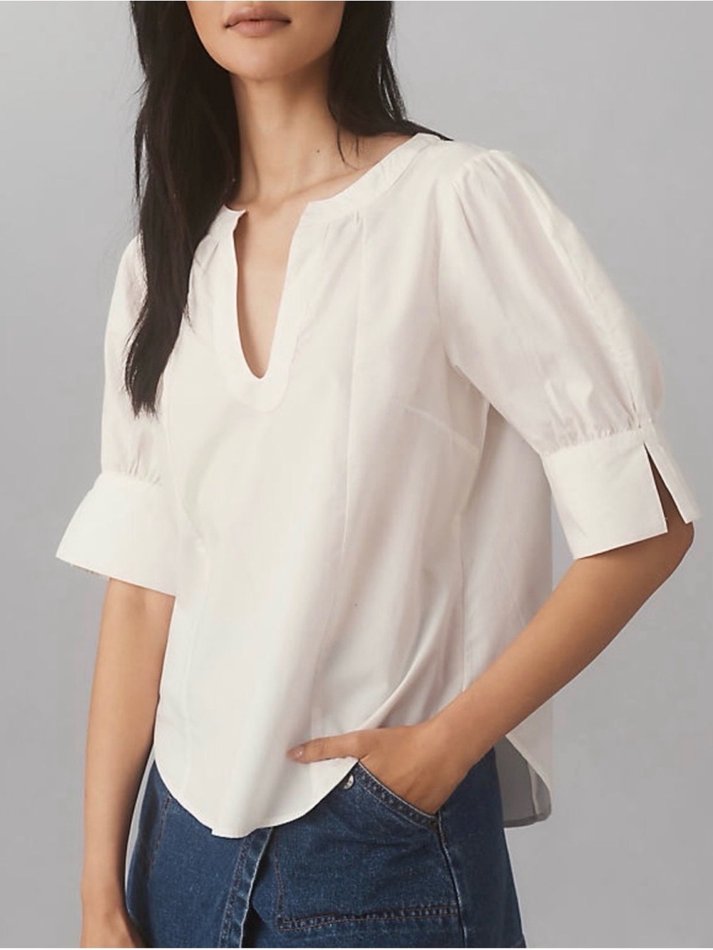 Anthropologie White Cotton Puff Sleeve Split Neck Blouse XL
